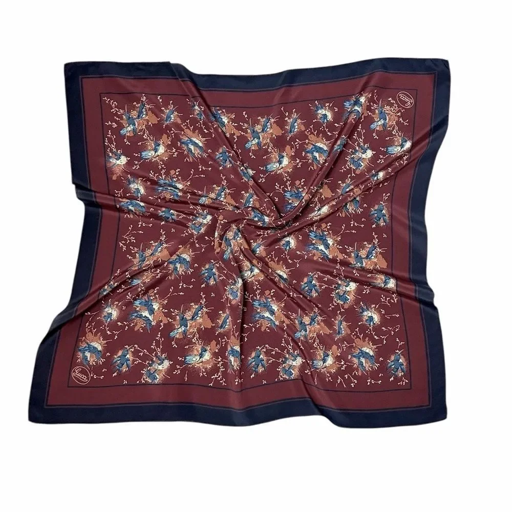 Gucci Silk Scarf Maroon Blue Bird Print Vintage Script Logo 33x33